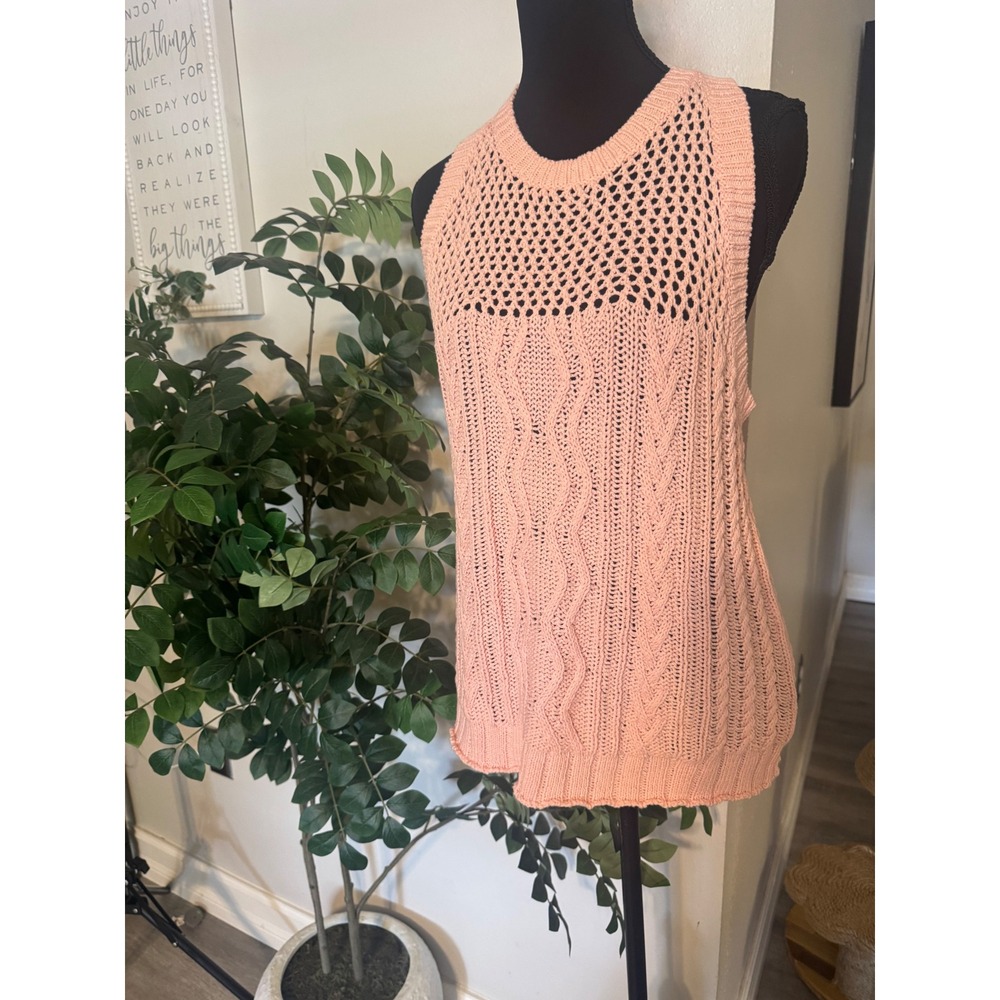 Sundry Womens Cable Knit Mesh Sleeveless Sweater Tank Top Peach Pink NWT